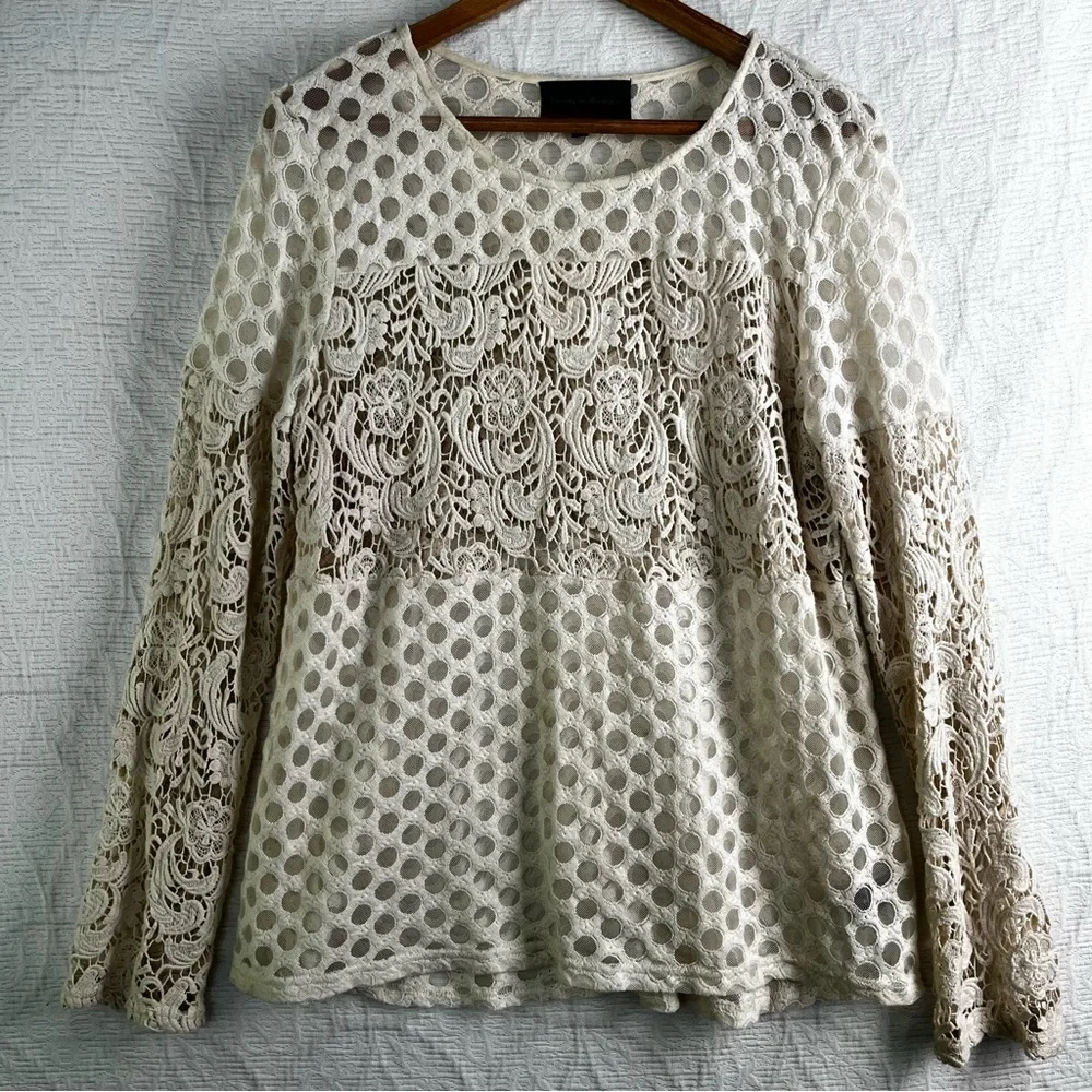 Sunday in Brooklyn Tunic Top Womens Large Crochet Cotton Sheer Lace Cream Shirt